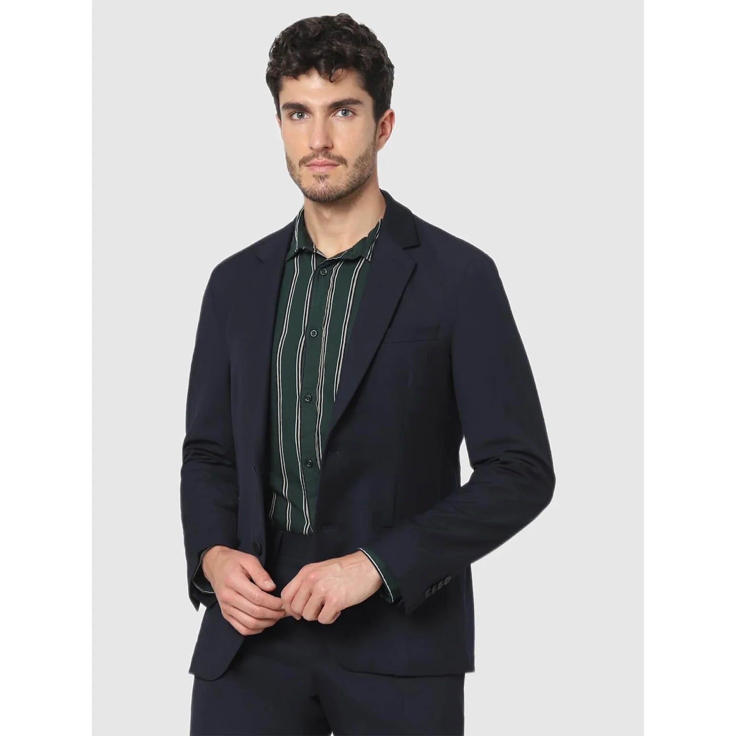 Navy Blue Solid Polyester Blazer