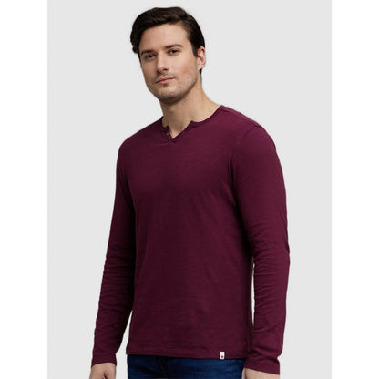 Celio* Solid Regular Fit Cotton Burgundy T-Shirt
