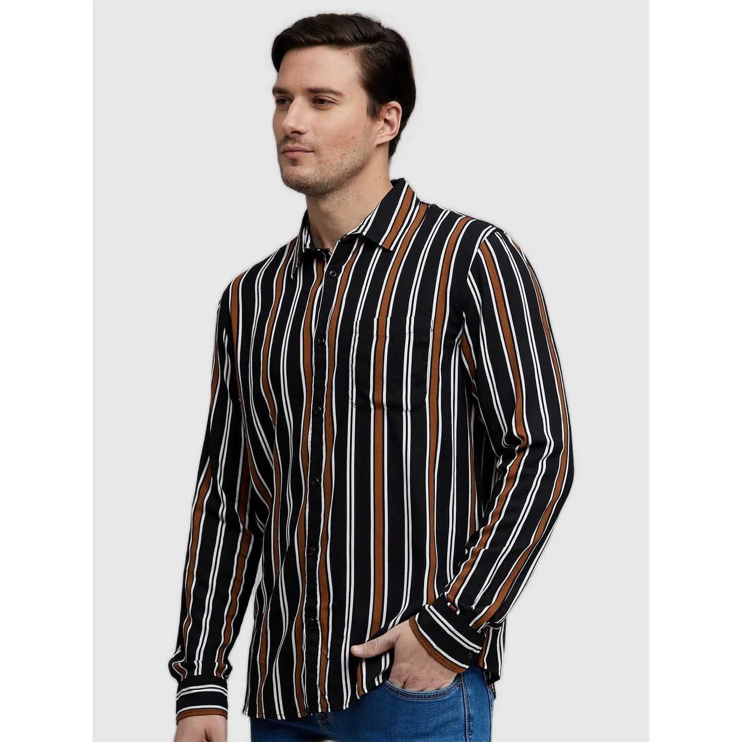 Celio* Striped Regular Fit Viscose Black Shirt