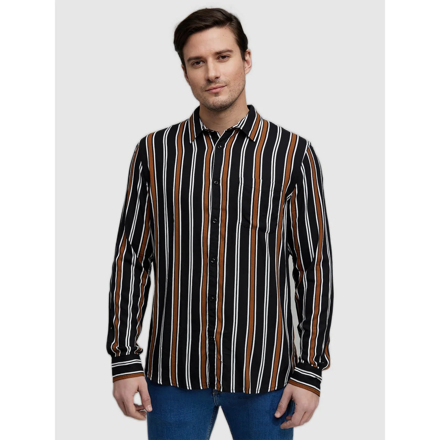 Celio* Striped Regular Fit Viscose Black Shirt