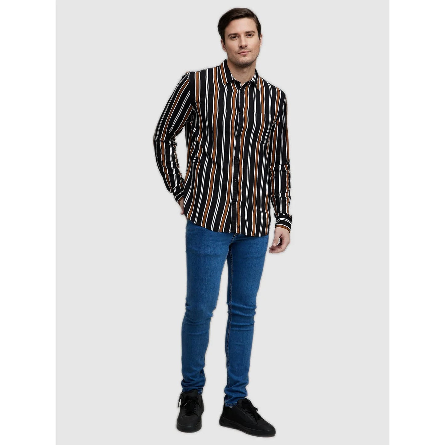 Celio* Striped Regular Fit Viscose Black Shirt