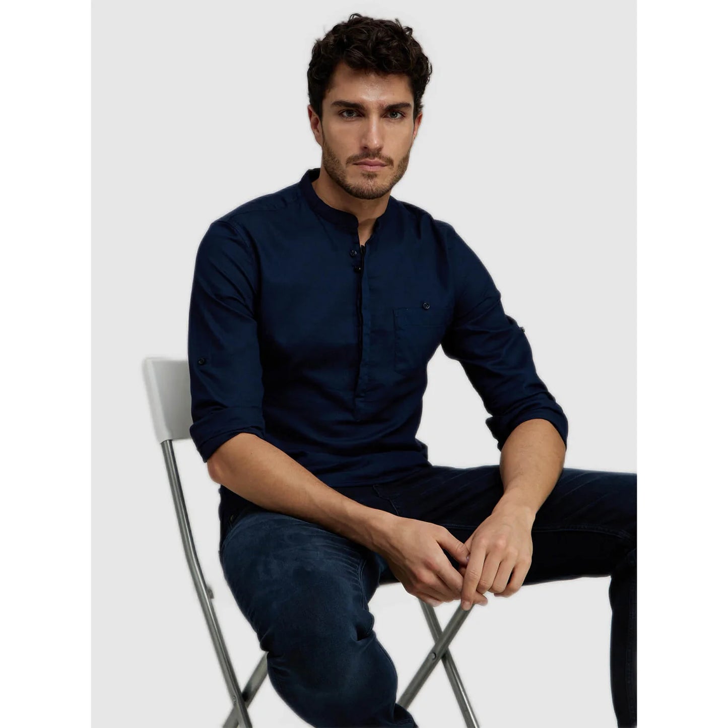 Celio* Solid Slim Fit Cotton Navy Blue Shirt
