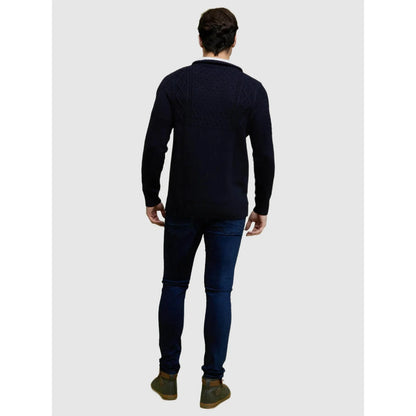 Navy Blue Solid Cotton Blend Sweater