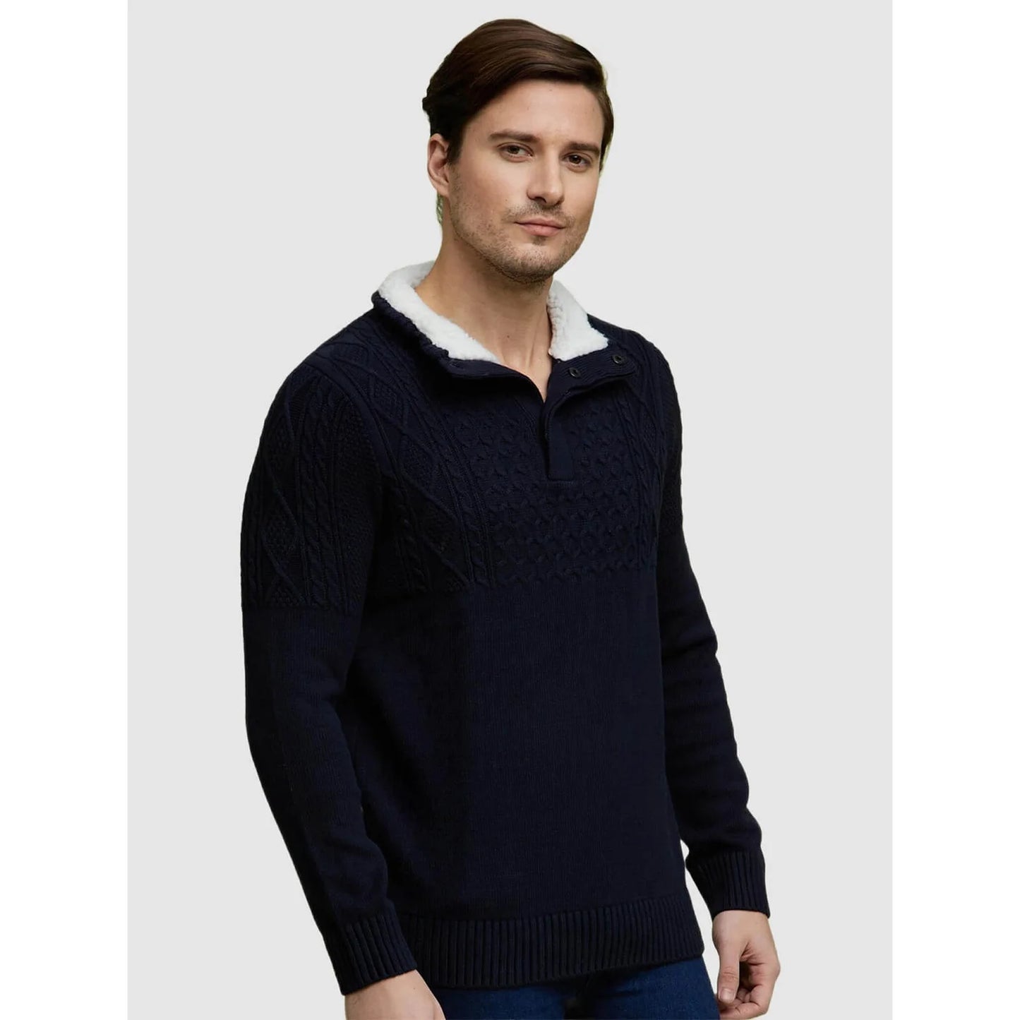 Navy Blue Solid Cotton Blend Sweater