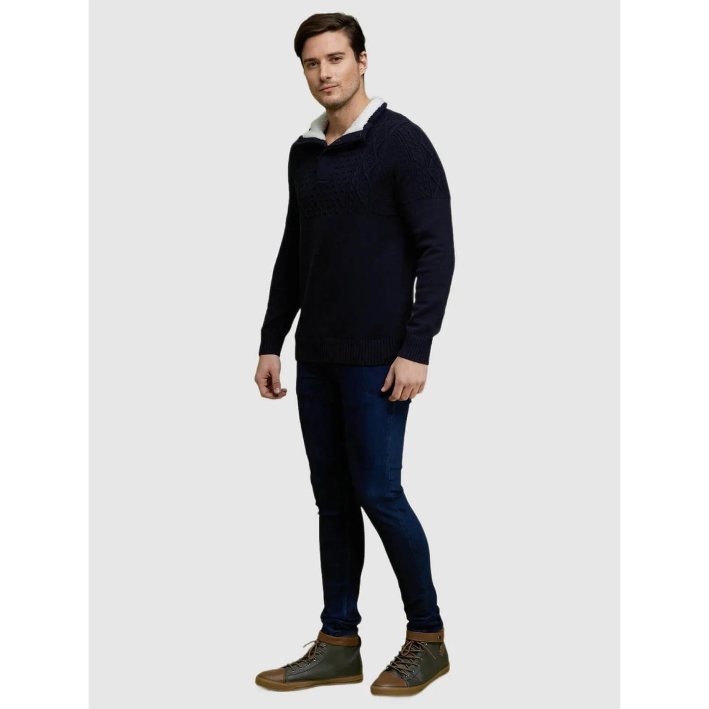 Navy Blue Solid Cotton Blend Sweater