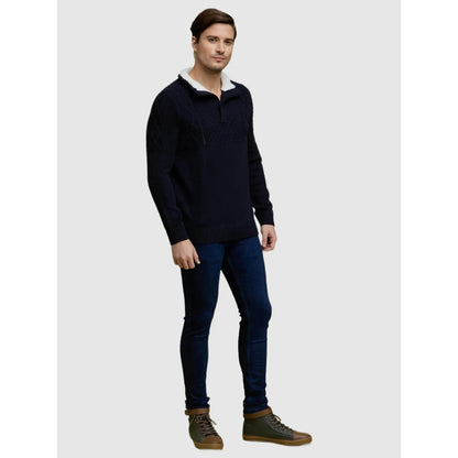 Navy Blue Solid Cotton Blend Sweater