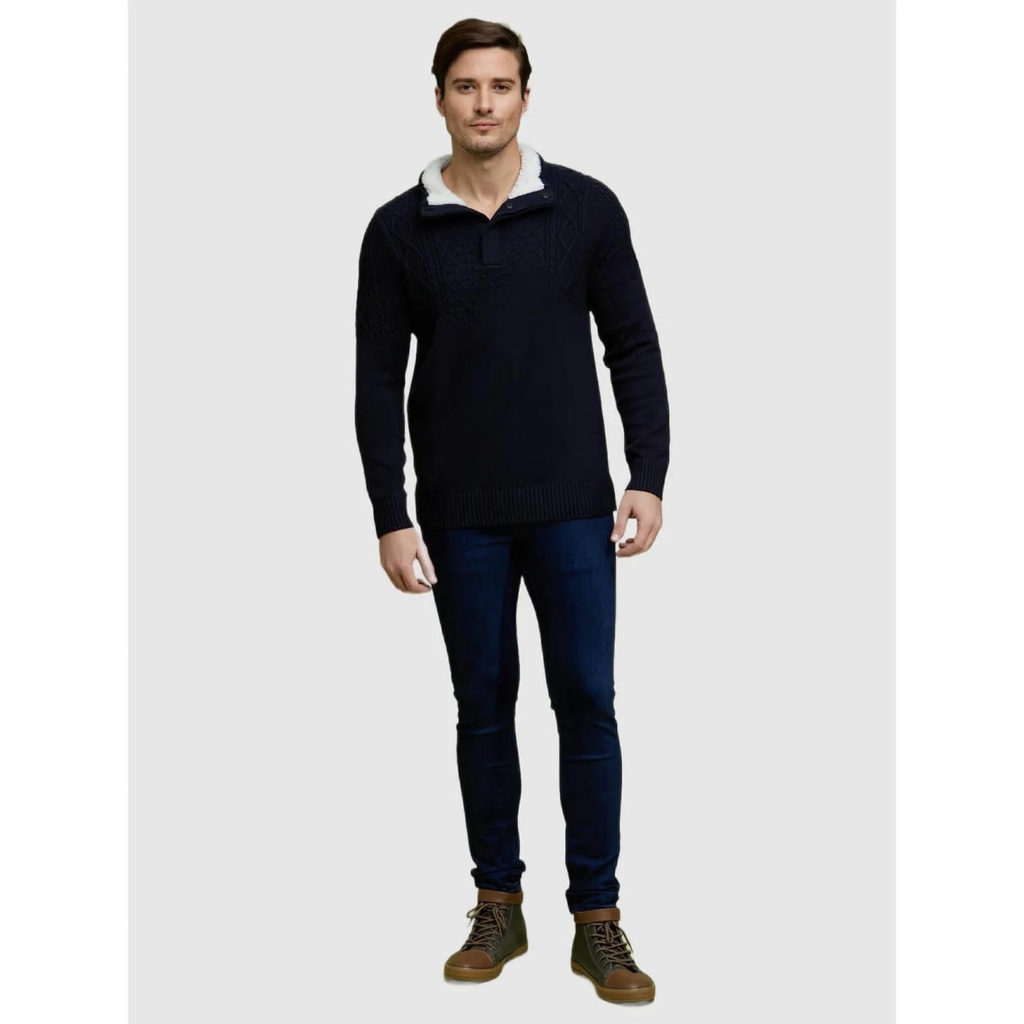 Navy Blue Solid Cotton Blend Sweater