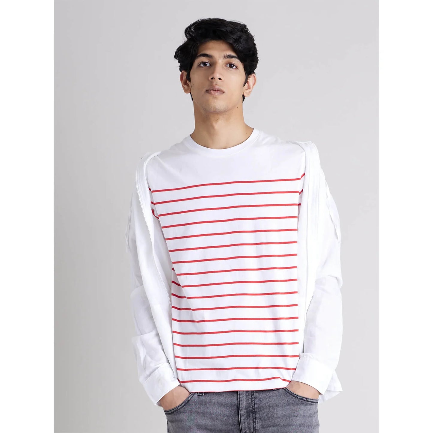 Celio* Striped Regular Fit Cotton White T-Shirt