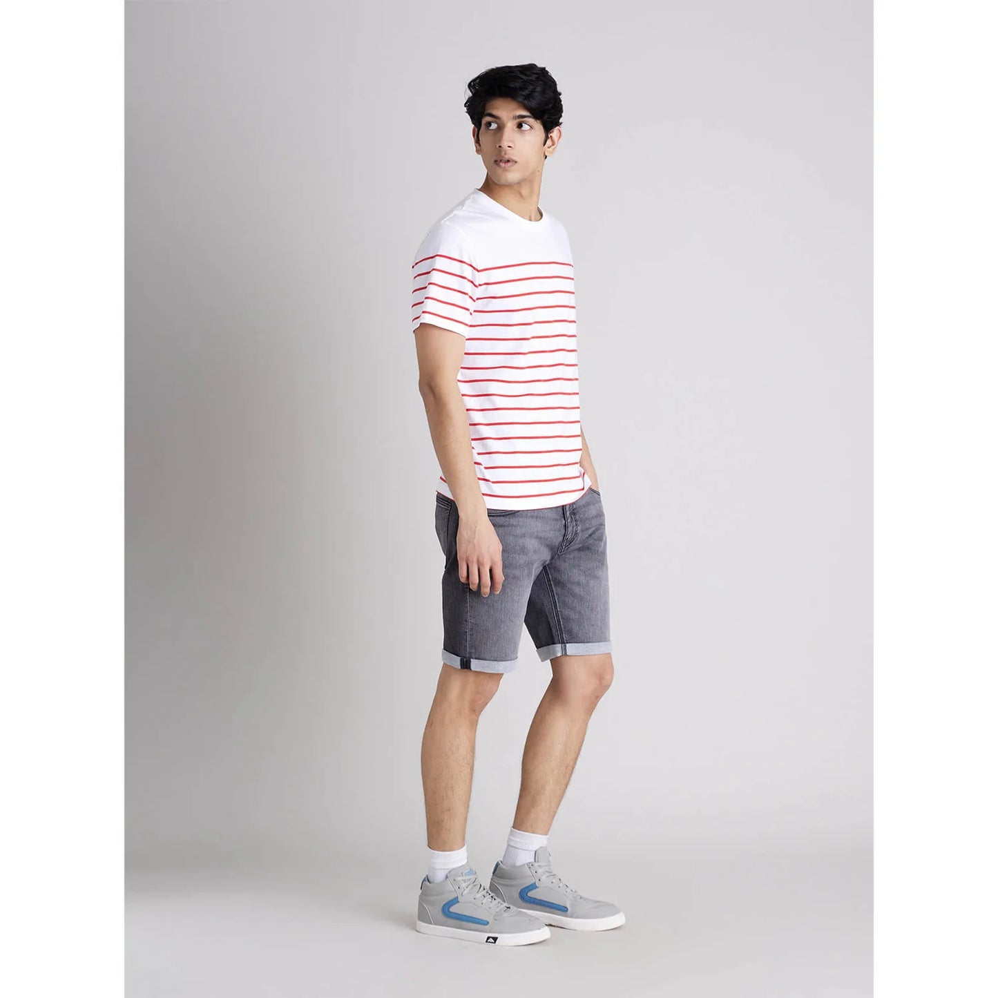 Celio* Striped Regular Fit Cotton White T-Shirt