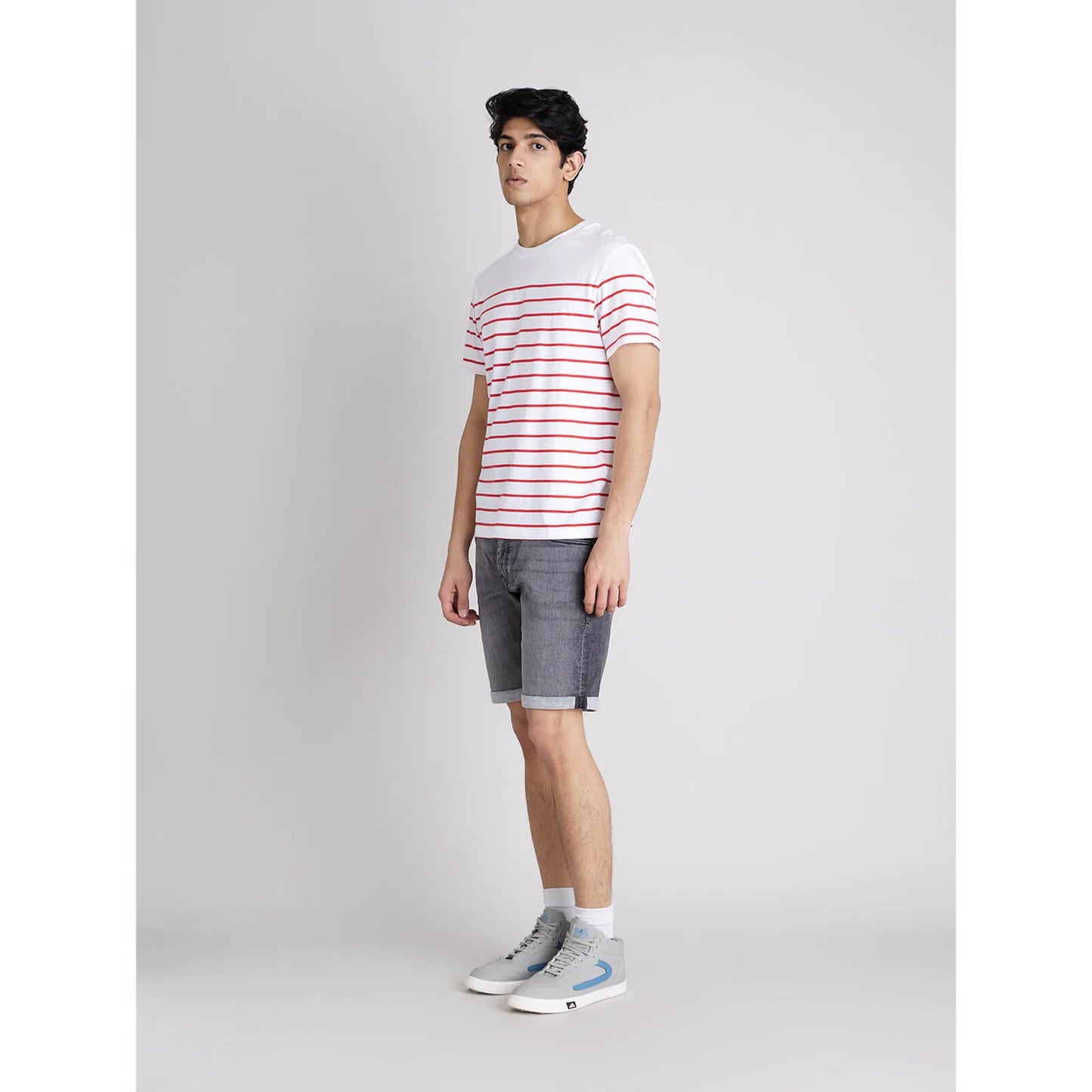 Celio* Striped Regular Fit Cotton White T-Shirt