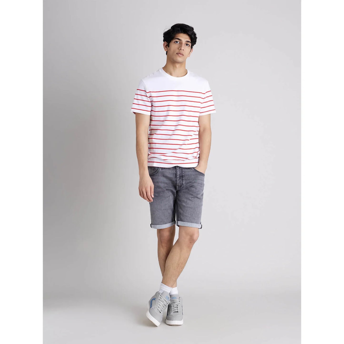 Celio* Striped Regular Fit Cotton White T-Shirt