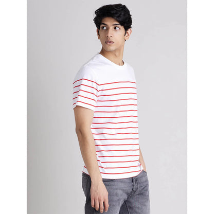Celio* Striped Regular Fit Cotton White T-Shirt