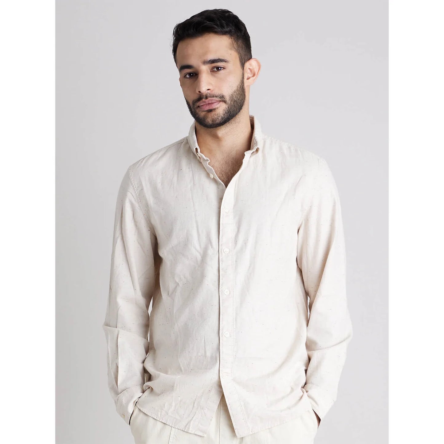 Off White Solid Cotton Blend Shirt