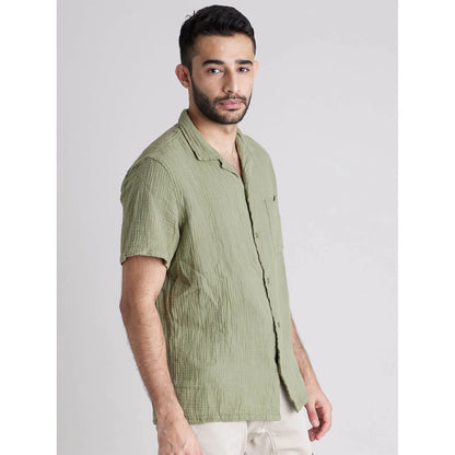 Celio* Solid Regular Fit Cotton Olive Shirt