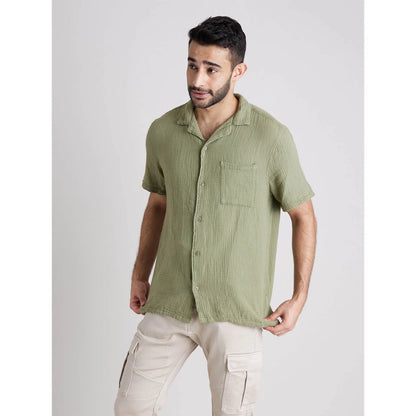 Celio* Solid Regular Fit Cotton Olive Shirt