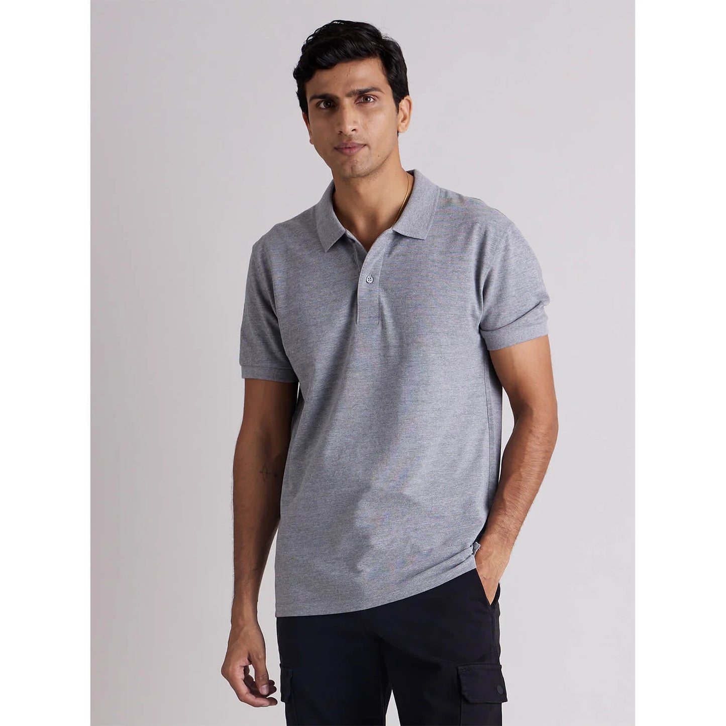 Grey Solid Cotton Polo