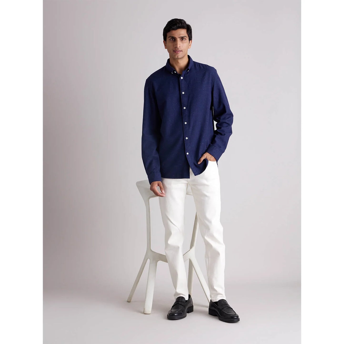 Navy Blue Solid Cotton Blend Shirt