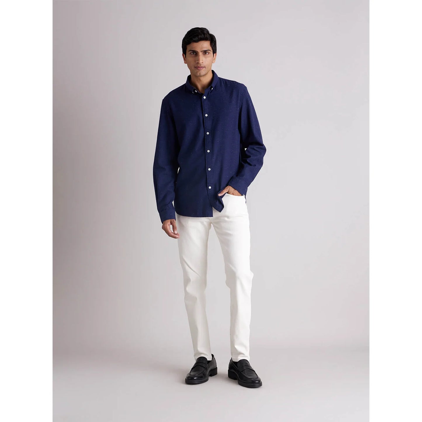 Navy Blue Solid Cotton Blend Shirt