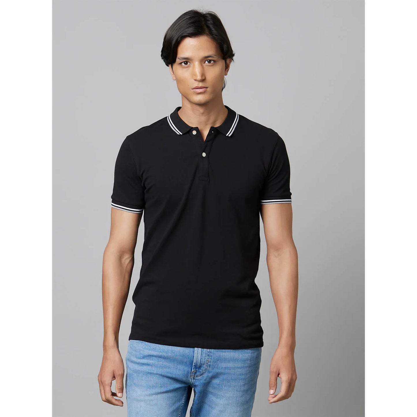 Black Solid Cotton Polo