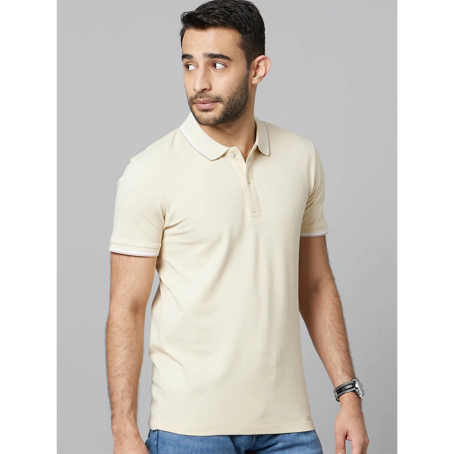 Beige Solid Cotton Polo