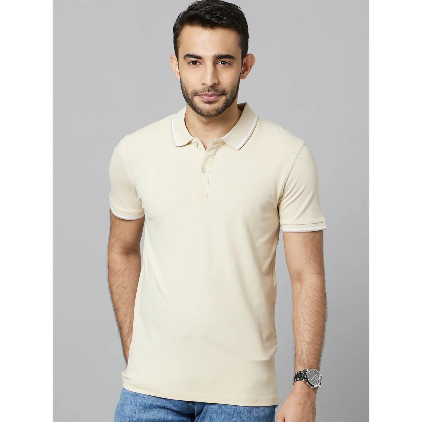 Beige Solid Cotton Polo