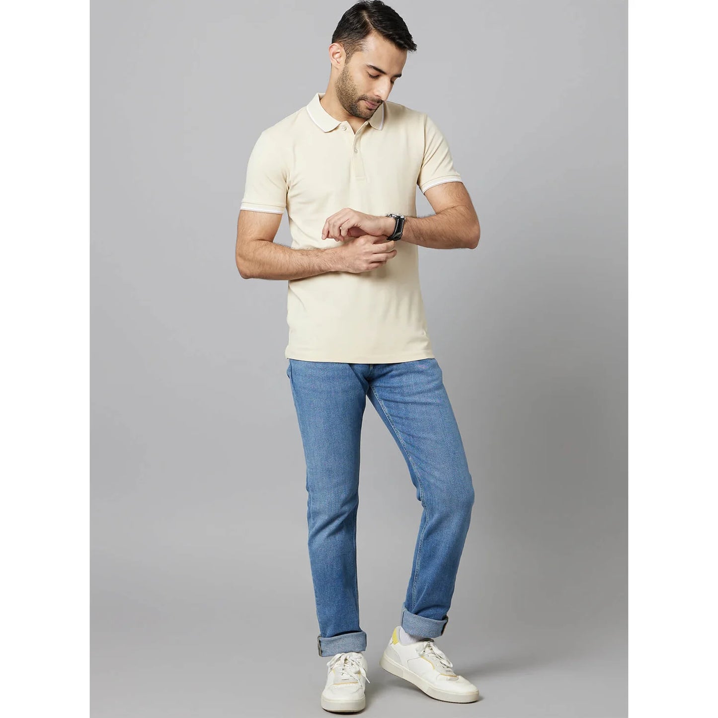 Beige Solid Cotton Polo