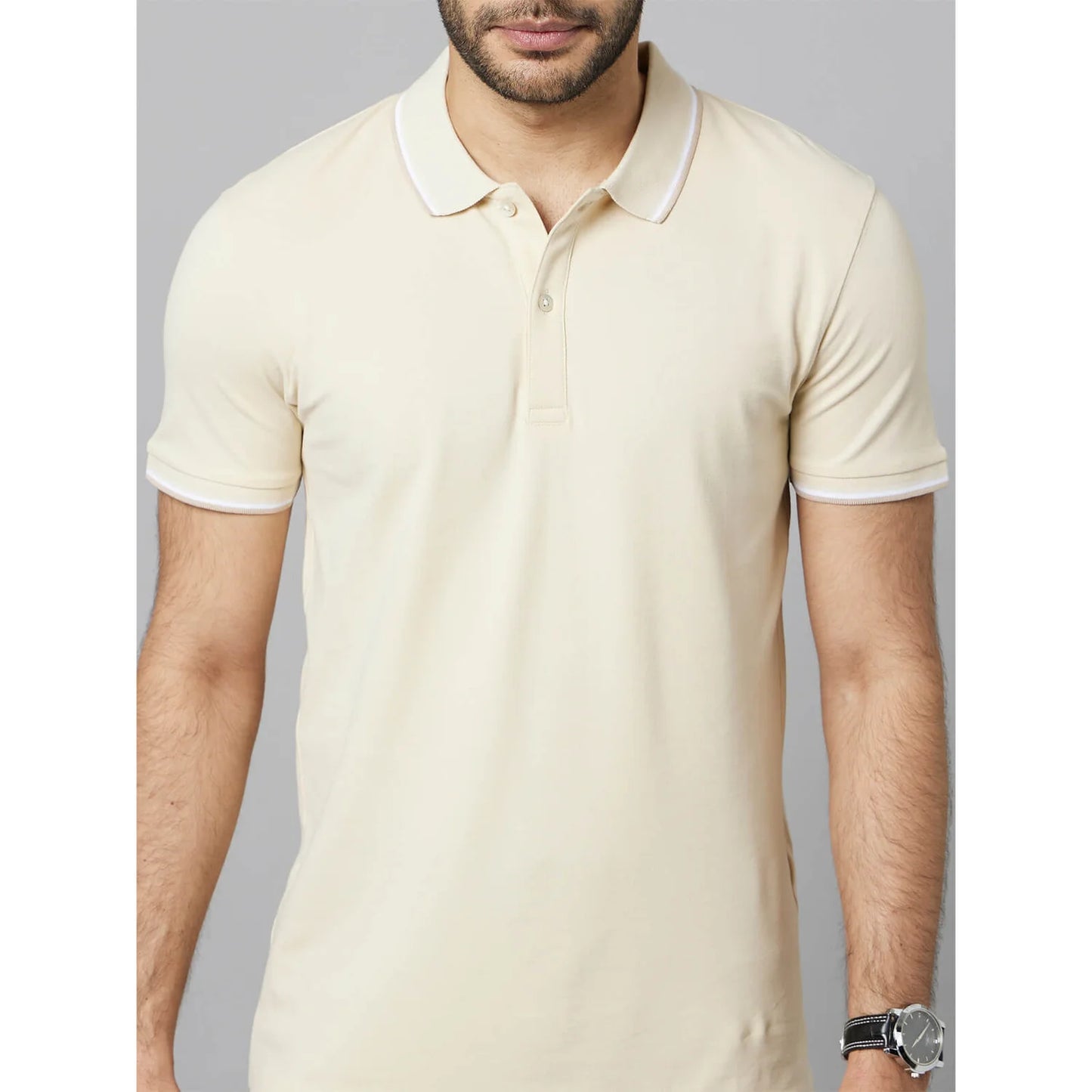 Beige Solid Cotton Polo