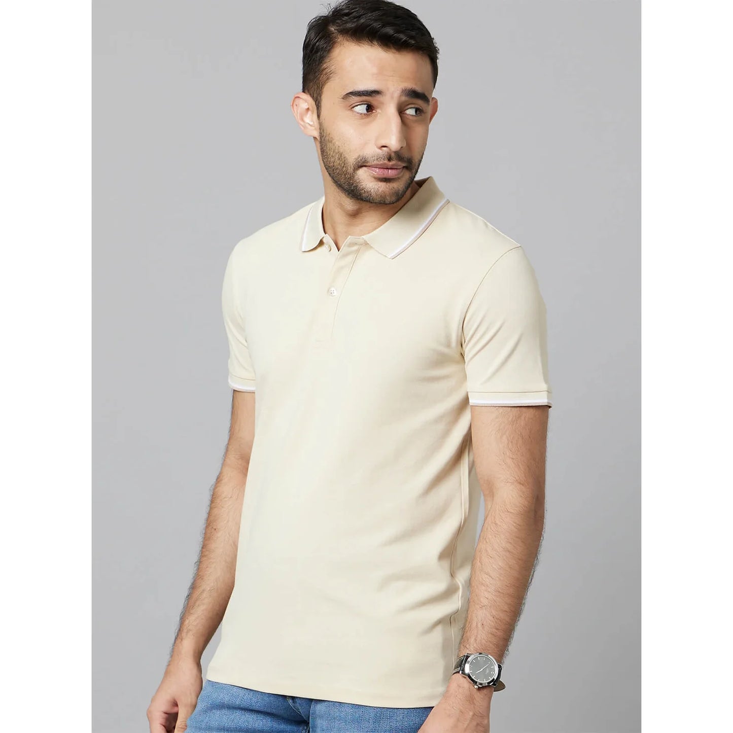 Beige Solid Cotton Polo