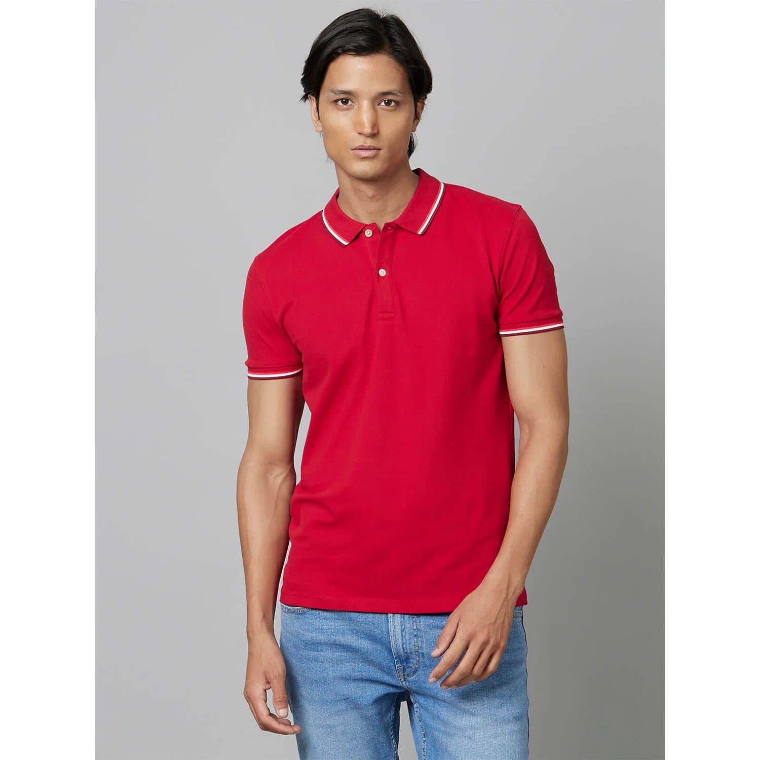 Red Solid Cotton Polo