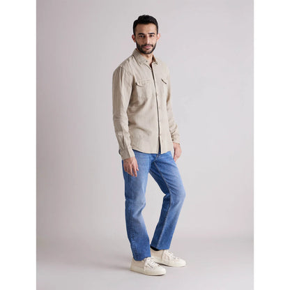 Beige Solid Cotton-Linen-Blend Shirt