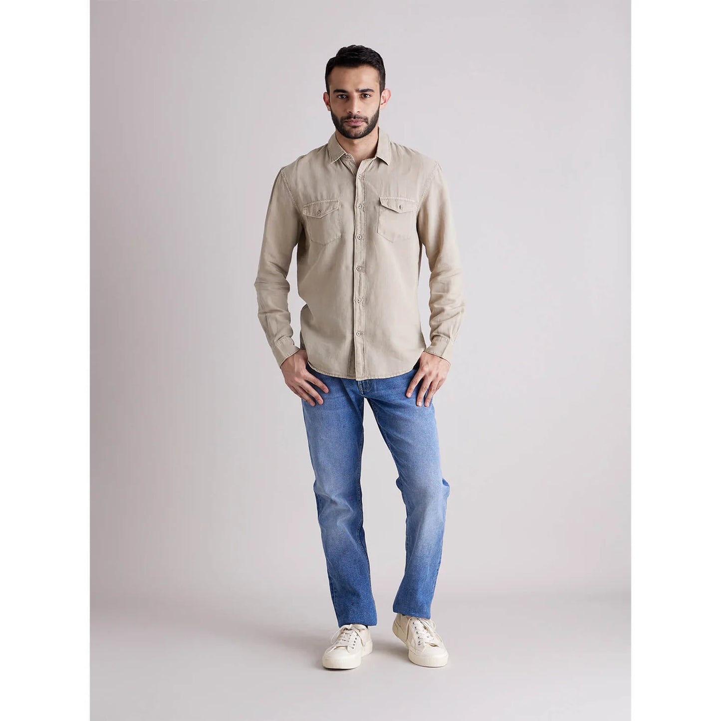 Beige Solid Cotton-Linen-Blend Shirt