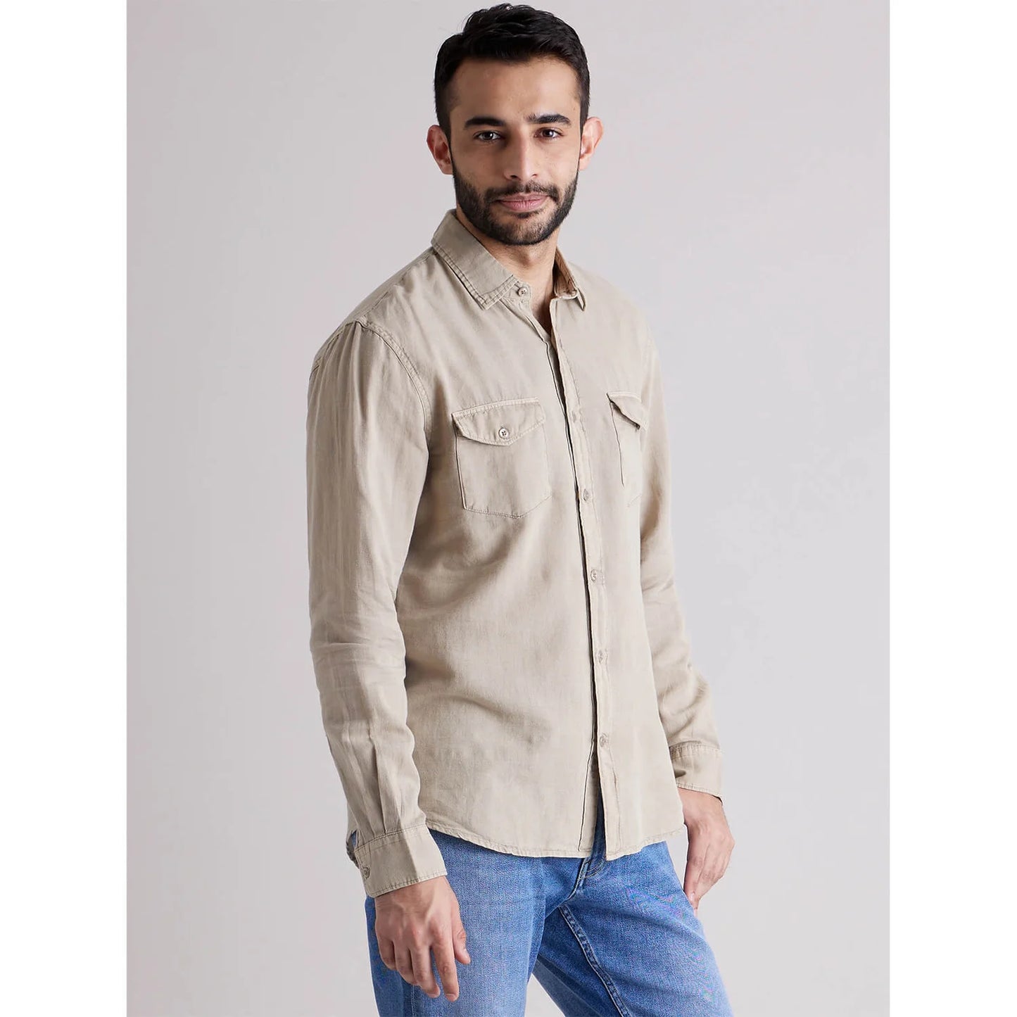 Beige Solid Cotton-Linen-Blend Shirt