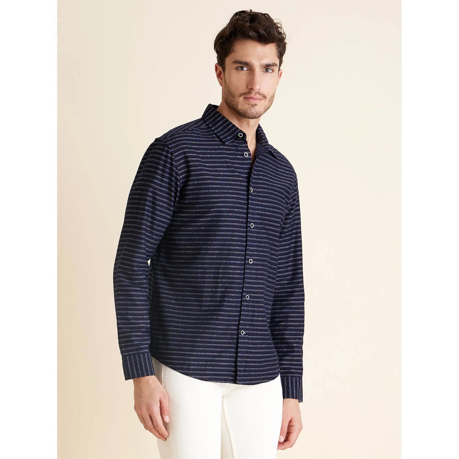 Navy Blue Striped Cotton Blend Shirt