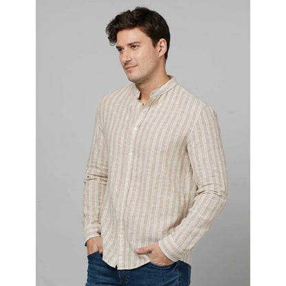 Beige Striped Cotton-Linen-Blend Shirt