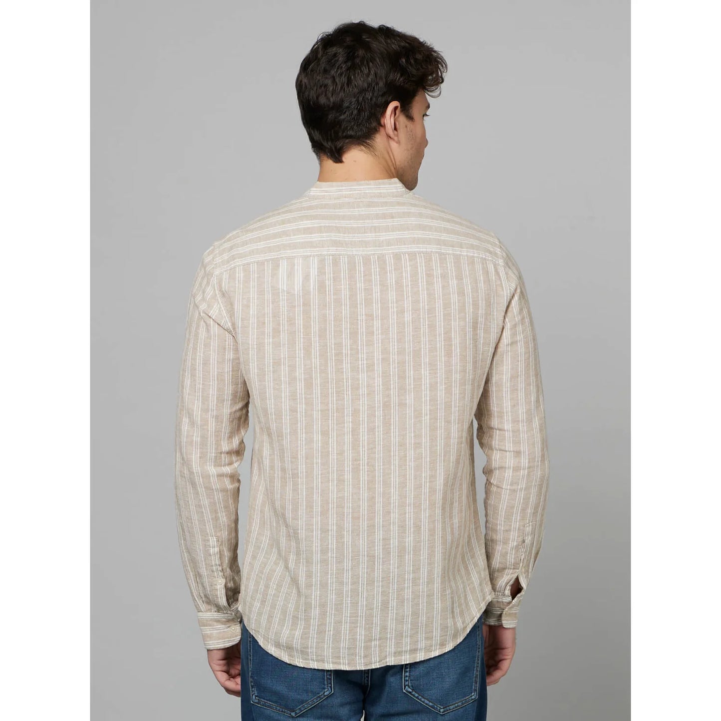 Beige Striped Cotton-Linen-Blend Shirt