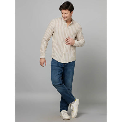 Beige Striped Cotton-Linen-Blend Shirt