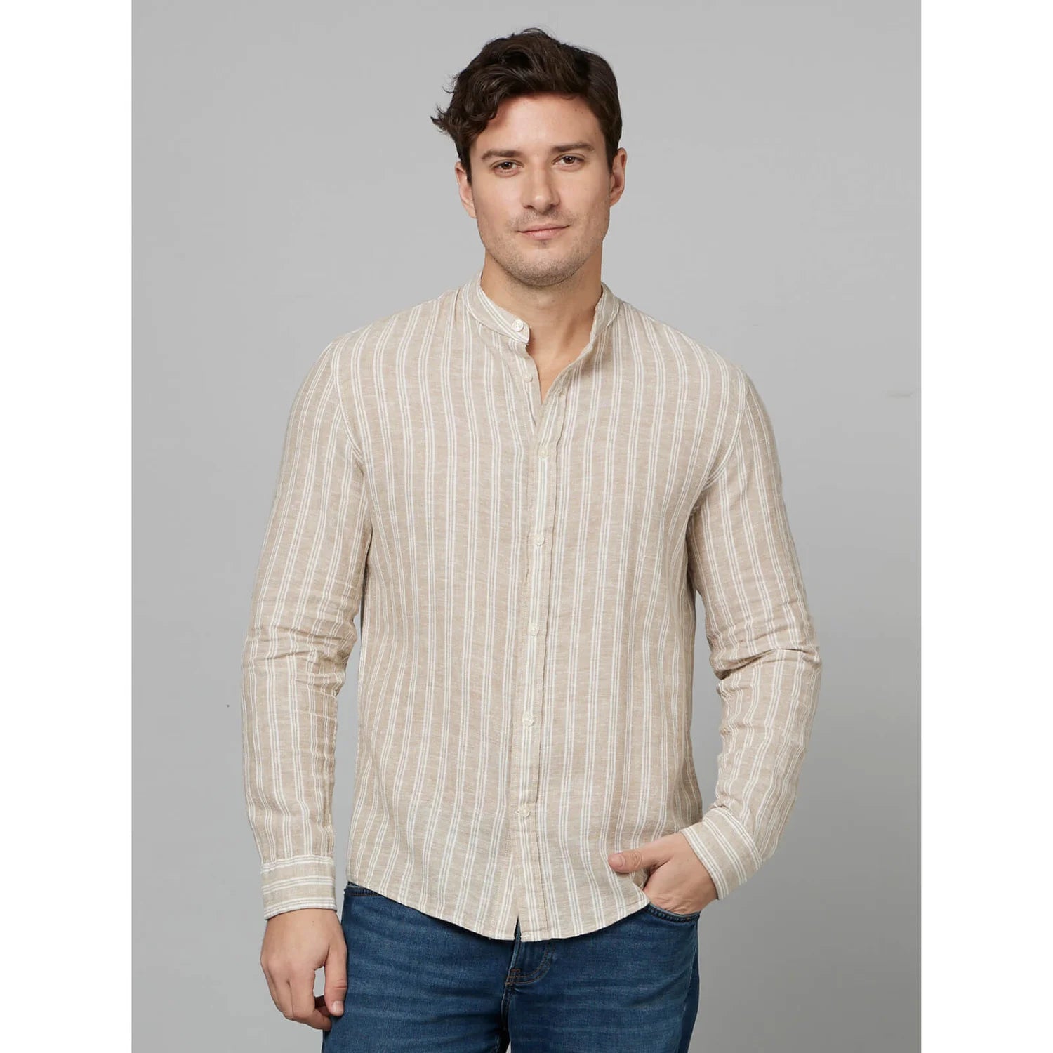 Beige Striped Cotton-Linen-Blend Shirt