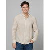 Celio* Striped Regular Fit Cotton-Linen-Blend Beige Shirt