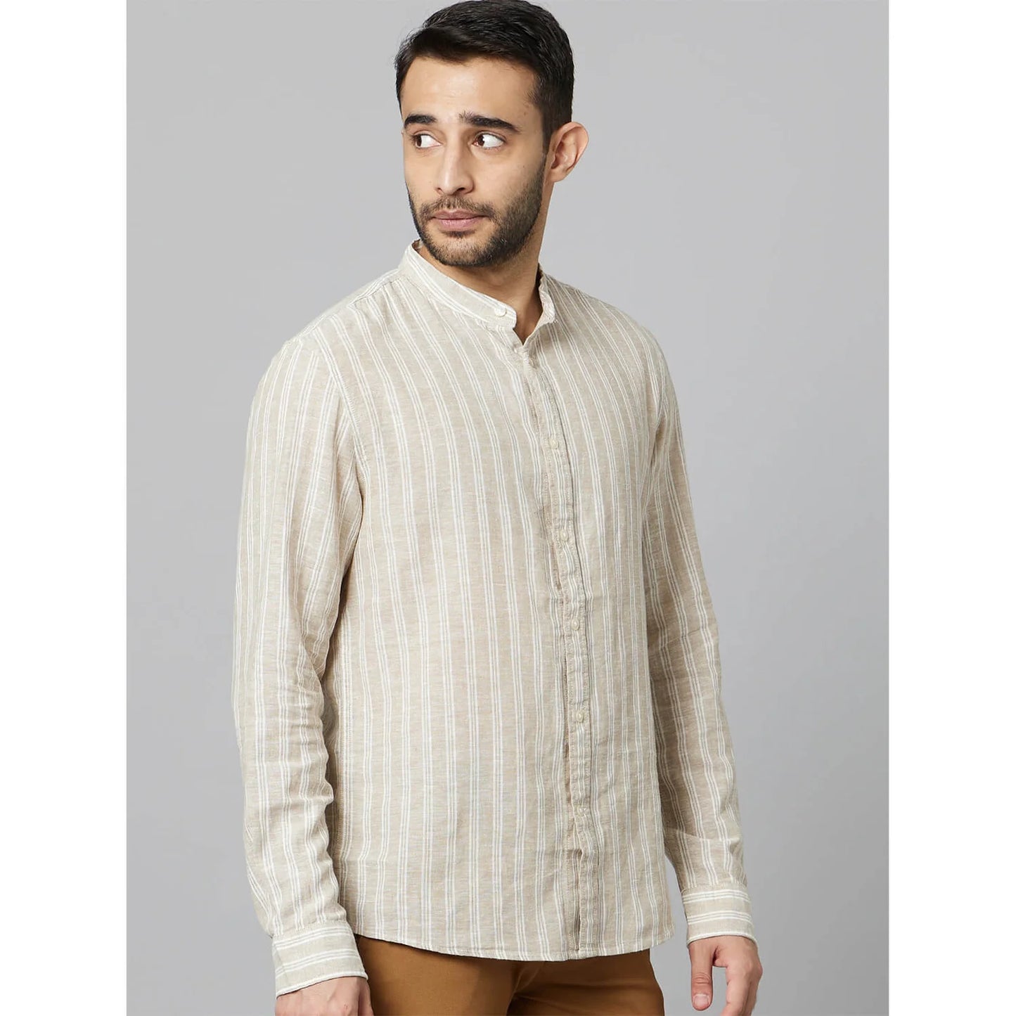 Beige Striped Cotton-Linen-Blend Shirt