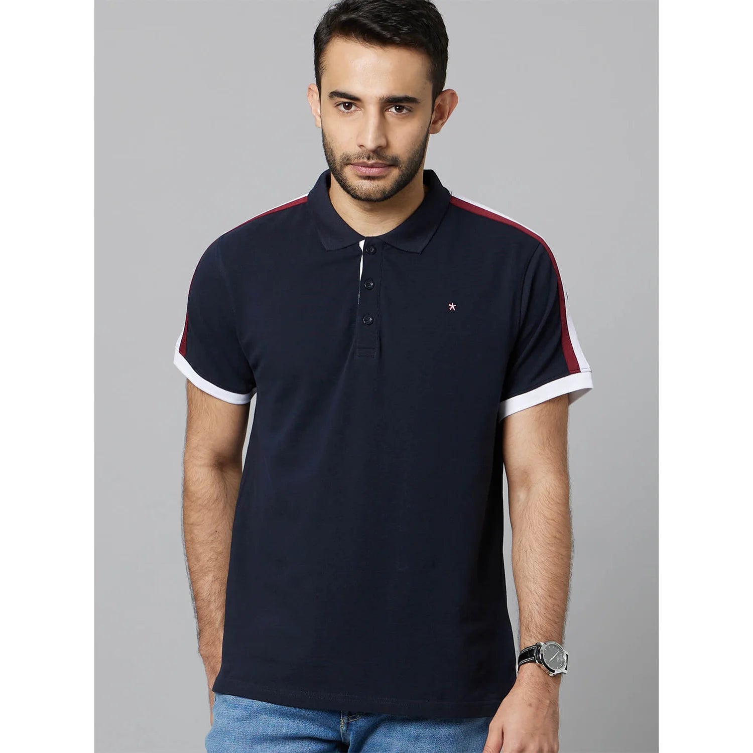 Navy Blue Colourblock Cotton Polo