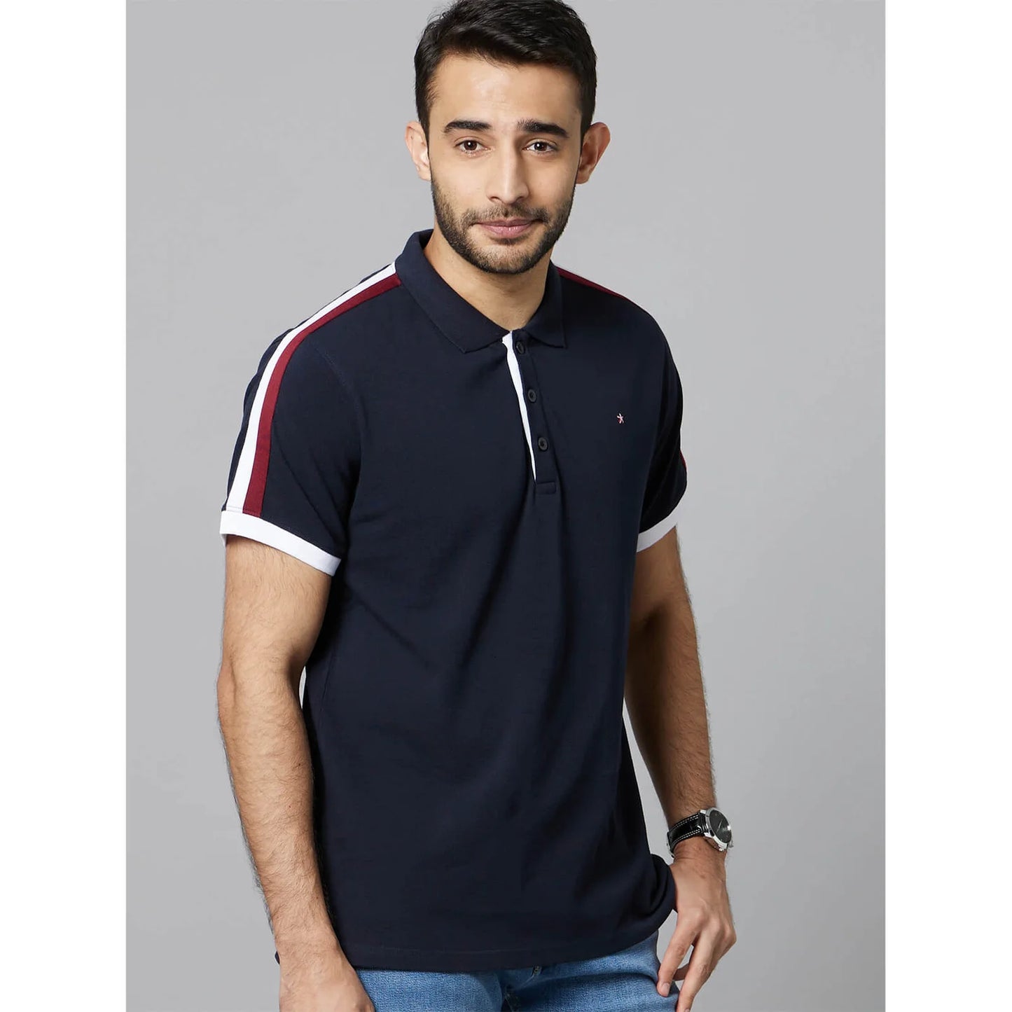 Navy Blue Colourblock Cotton Polo