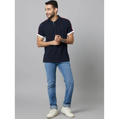 Navy Blue Colourblock Cotton Polo