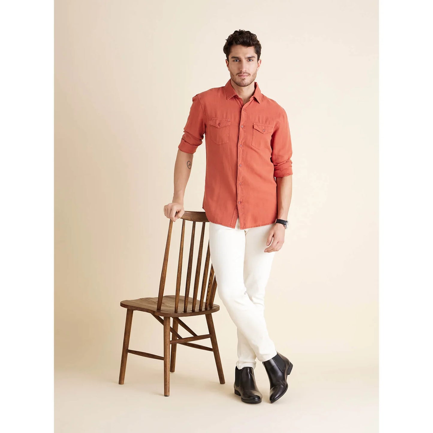 Orange Solid Cotton-Linen-Blend Shirt