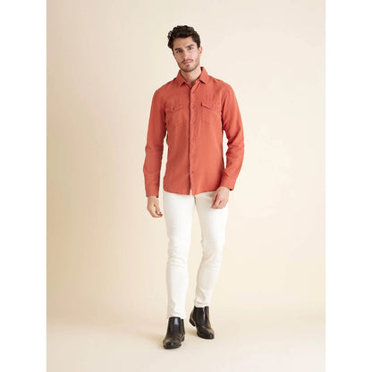 Orange Solid Cotton-Linen-Blend Shirt