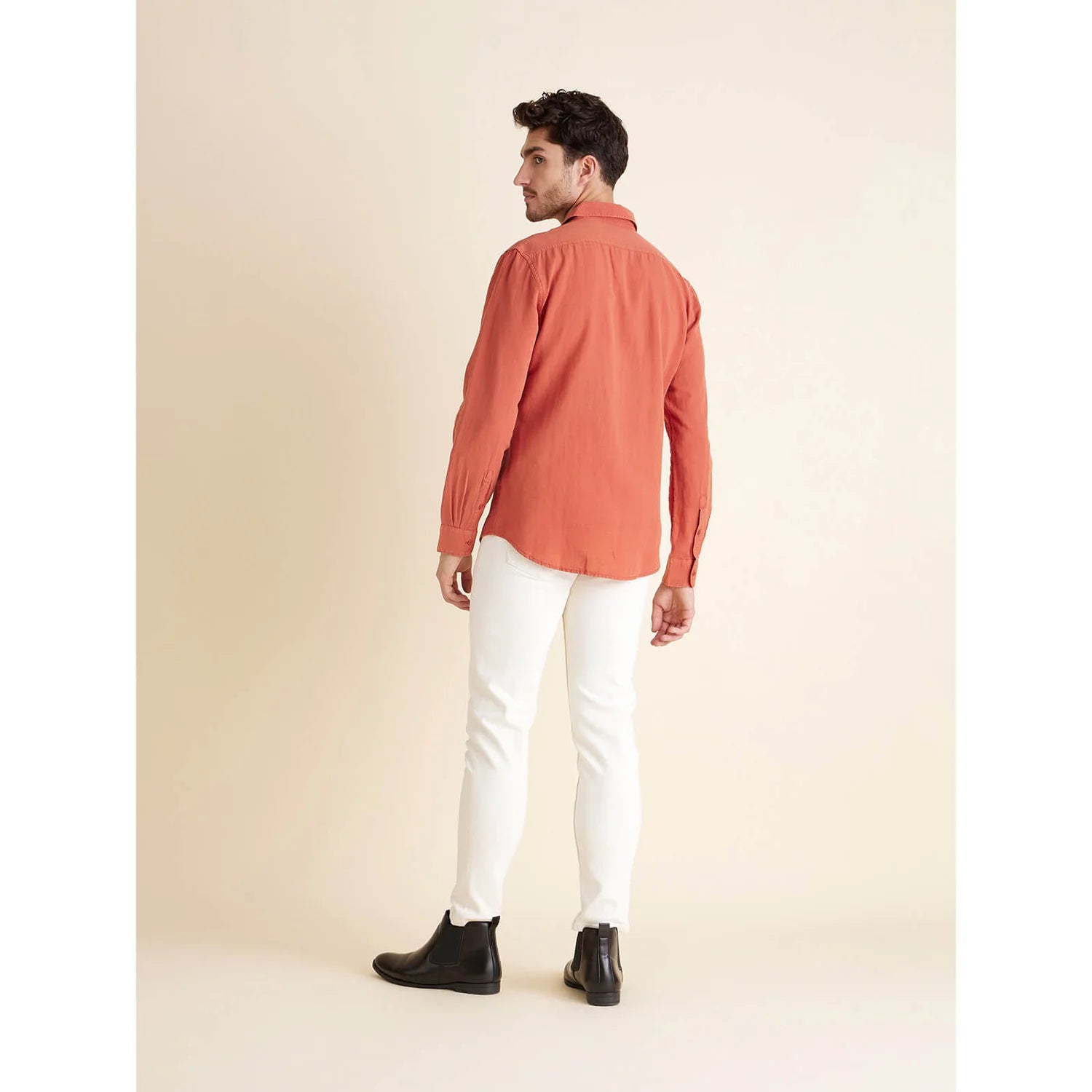 Orange Solid Cotton-Linen-Blend Shirt