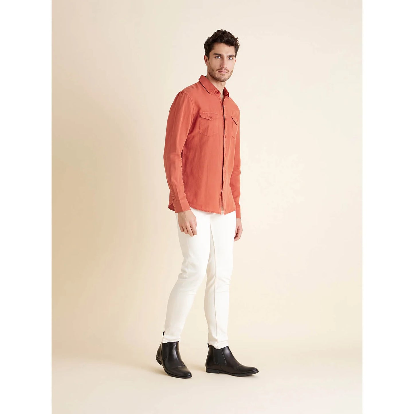 Orange Solid Cotton-Linen-Blend Shirt