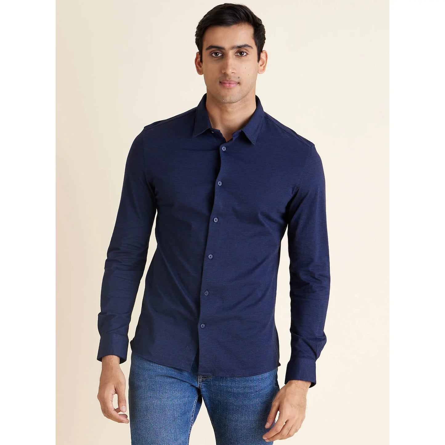 Navy Blue Solid Cotton Shirt