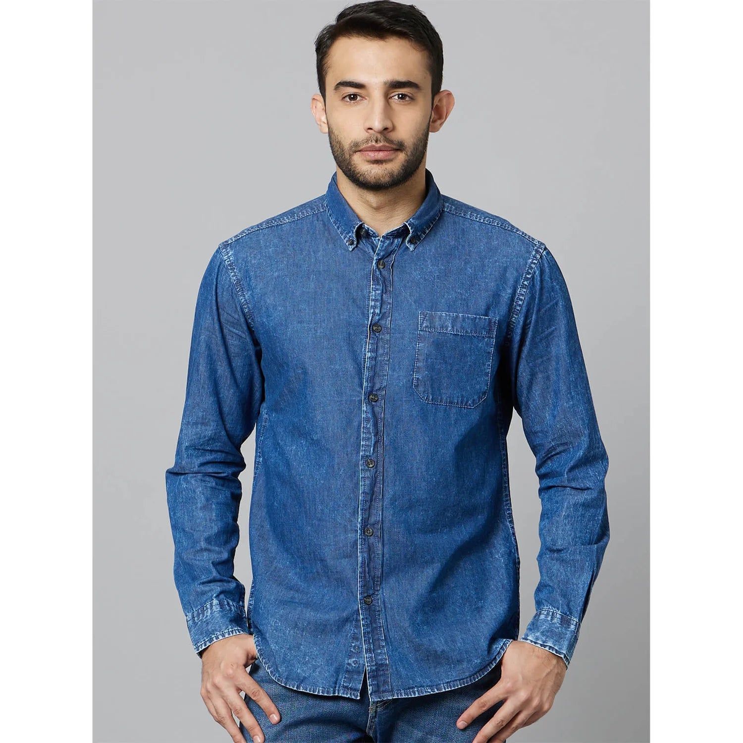 Navy Blue Solid Cotton Shirt