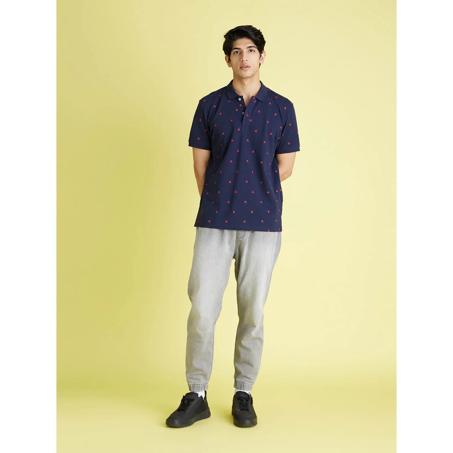 Navy Blue Printed Cotton Polo