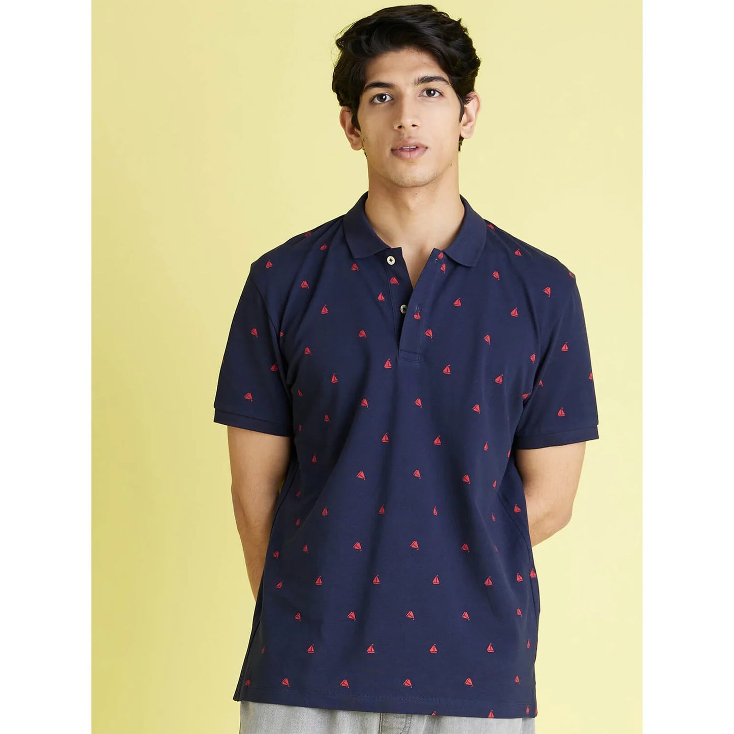 Navy Blue Printed Cotton Polo